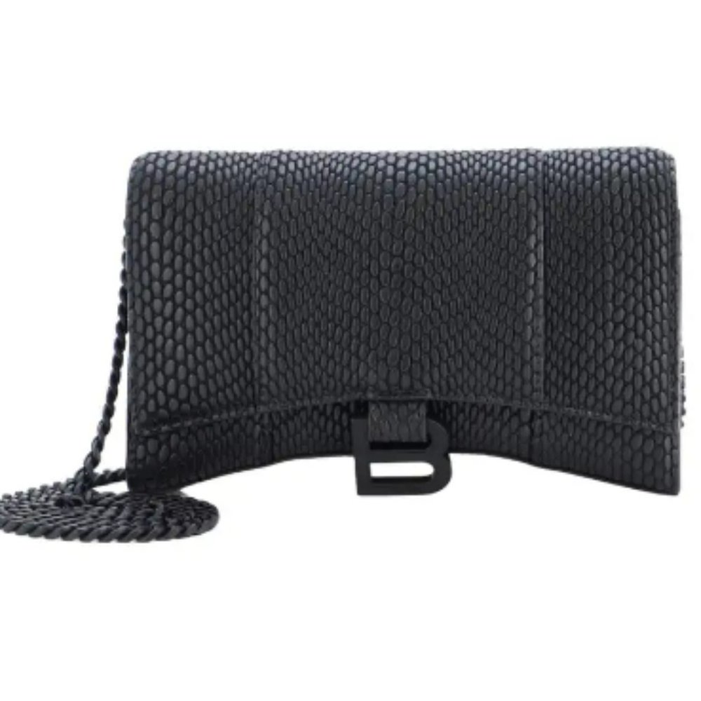 Balenciaga Authentic Hourglass Croc-Embossed Leather Wallet on Chain Black